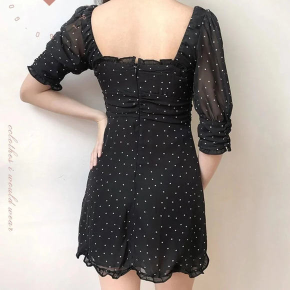 YesStyle Sinora Short-Sleeve Scoop Neck Dotted Mini Smock Dress - Picture 5 of 16